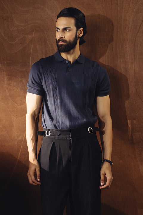 Jacquard Fine Knit Polo - Navy