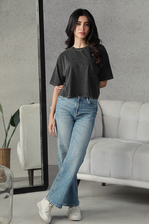 Washed Cropped Tee - Black