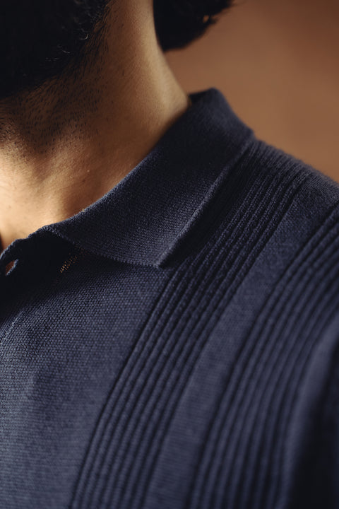Jacquard Fine Knit Polo - Navy