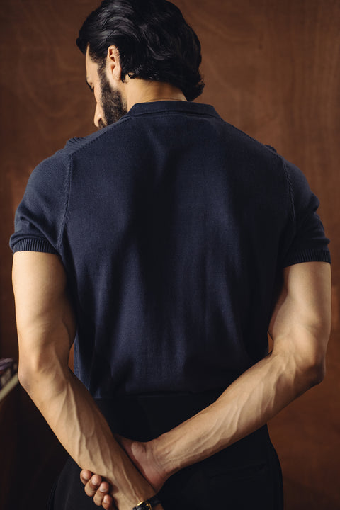 Jacquard Fine Knit Polo - Navy