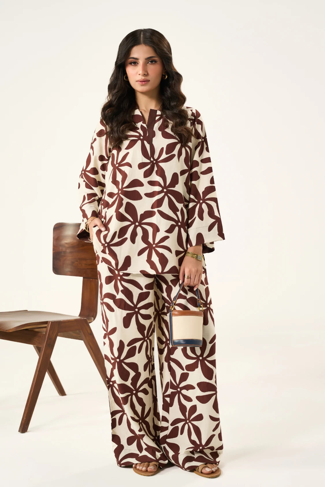 Flora Linen Co-Ord Set - Brown & Cream Main image