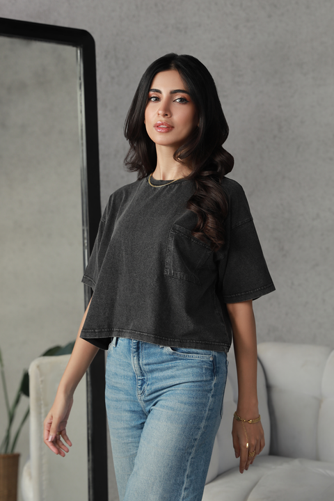 Washed Cropped Tee - Black