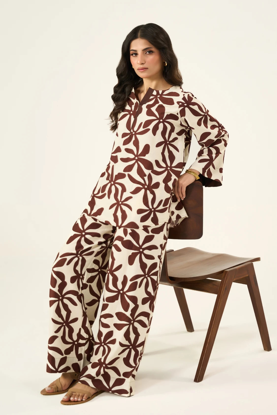 Flora Linen Co-Ord Set - Brown & Cream