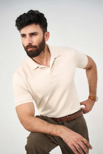 Diamond Texture Polo Shirt - Cream