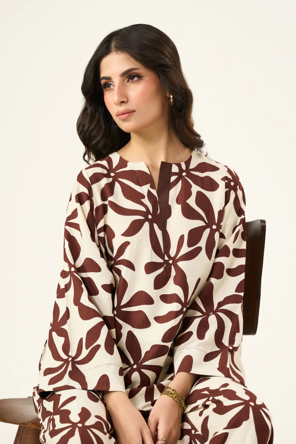 Flora Linen Co-Ord Set - Brown & Cream