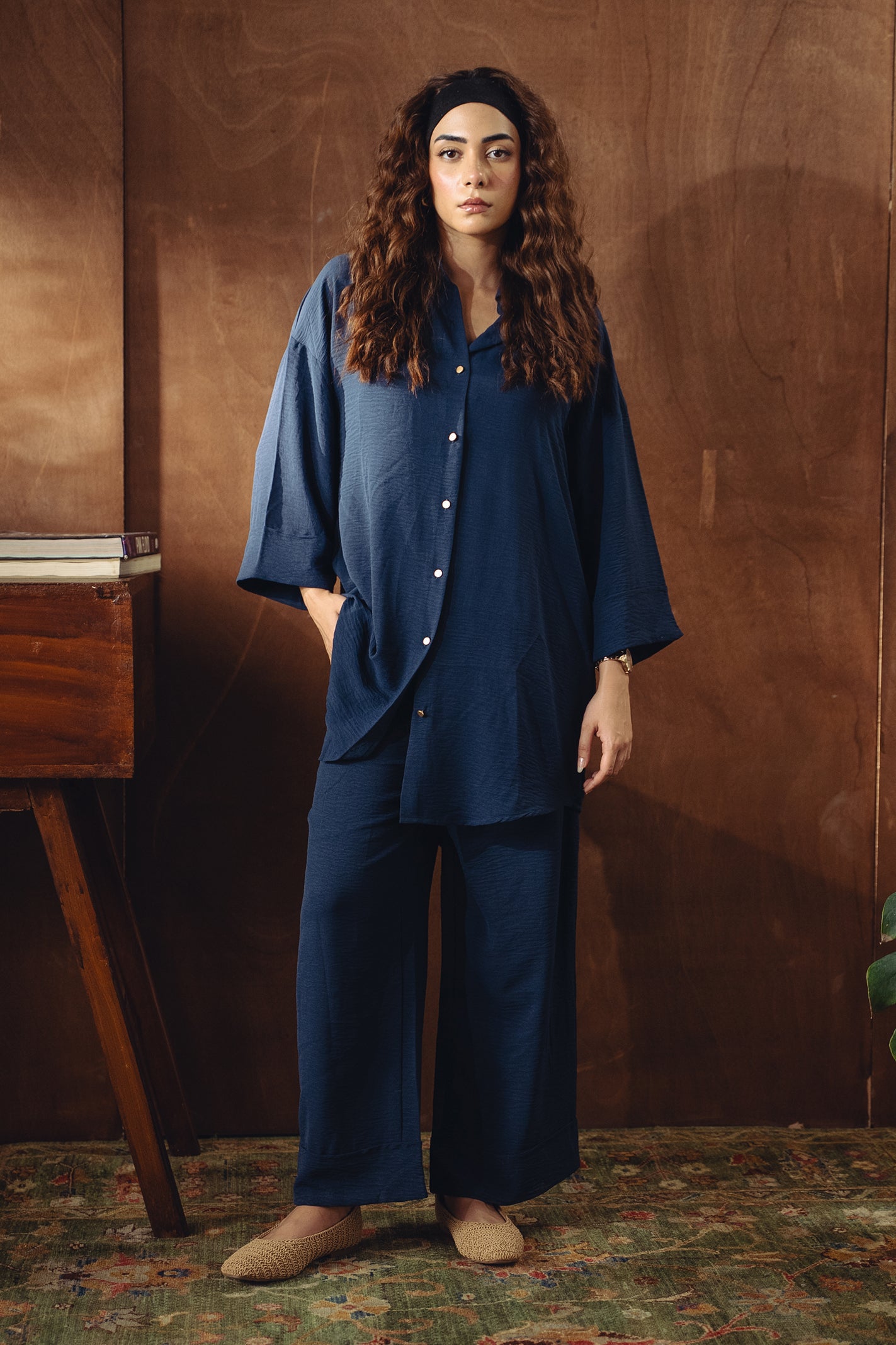 Textured Button Down Co-ord Set - Navy