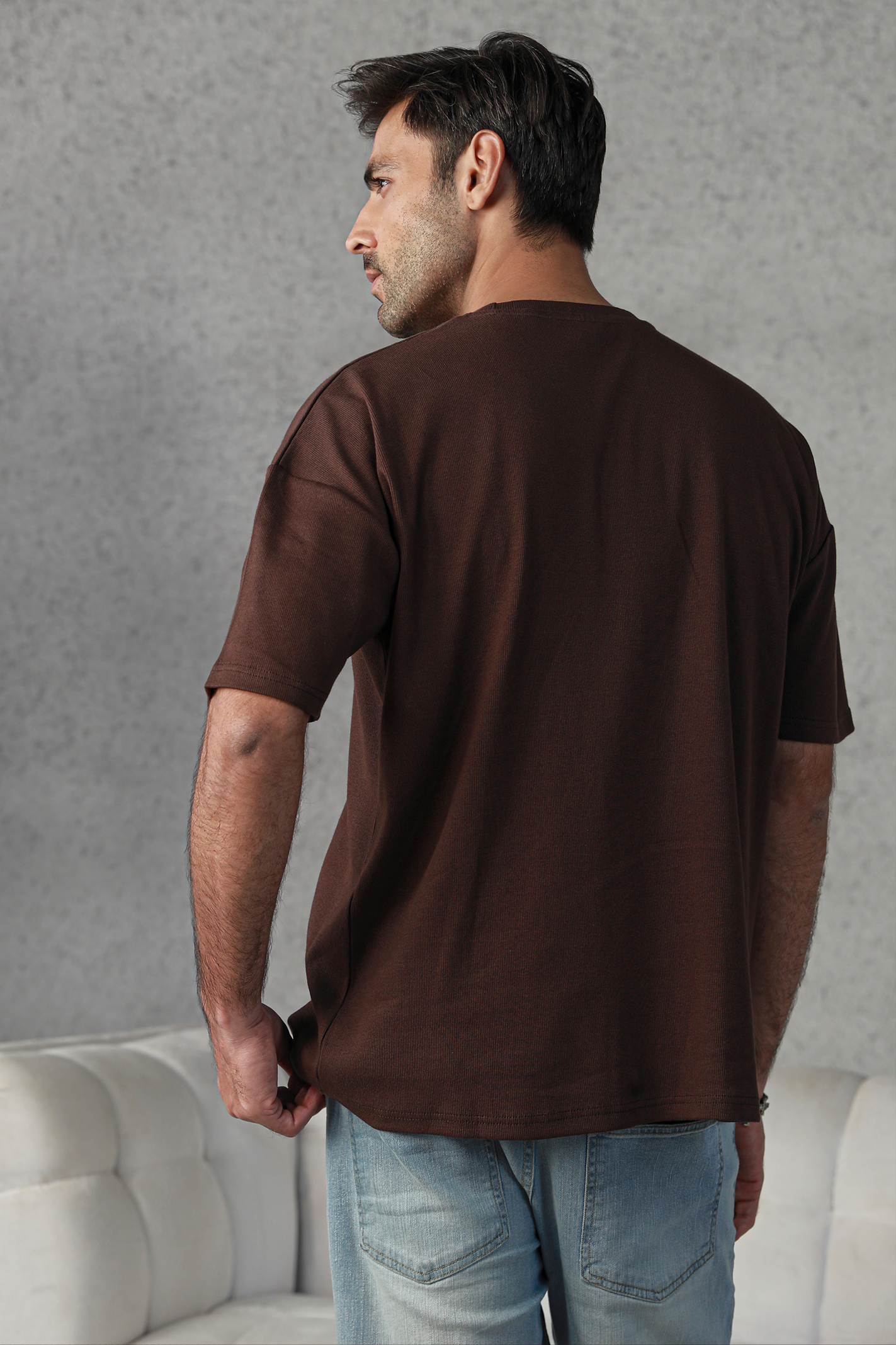 Men Textured Oversized Tee - Dark Brown