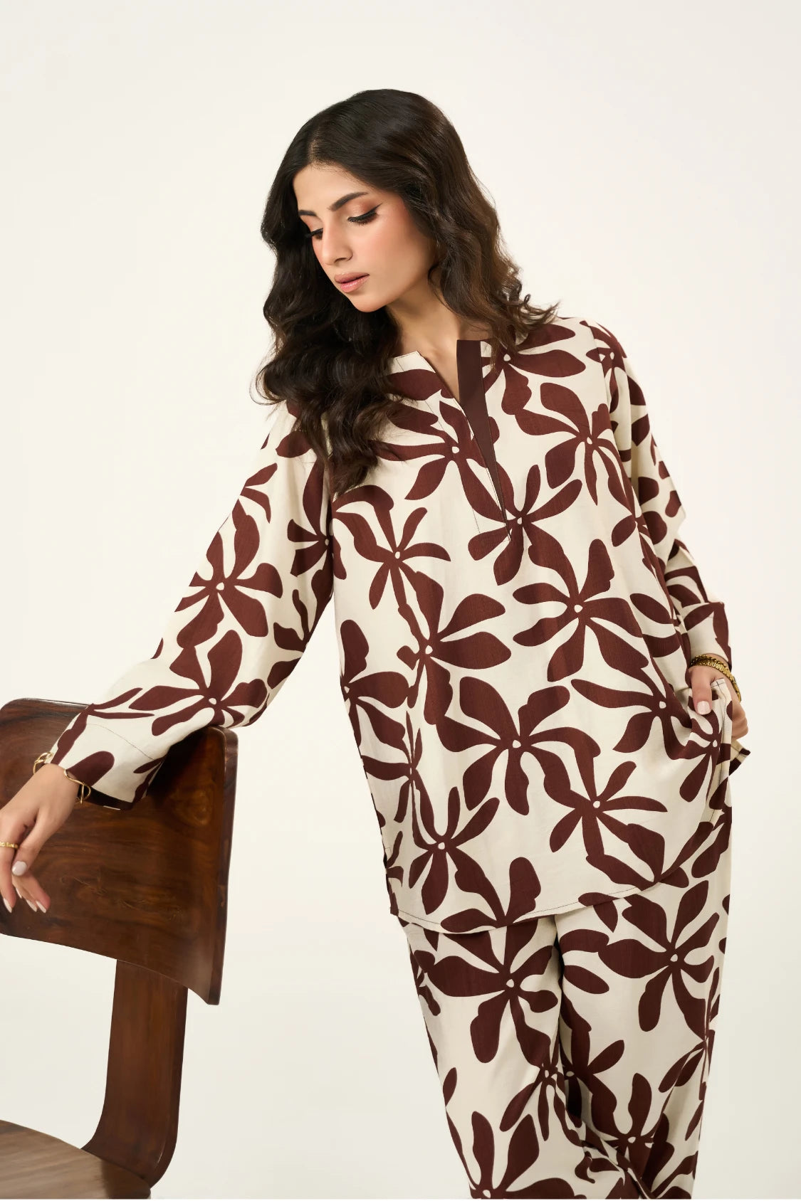 Flora Linen Co-Ord Set - Brown & Cream