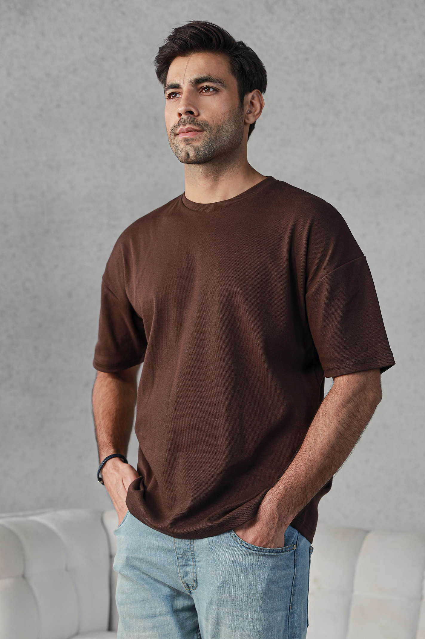 Men Textured Oversized Tee - Dark Brown Main image