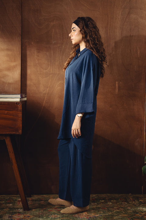 Textured Button Down Co-ord Set - Navy