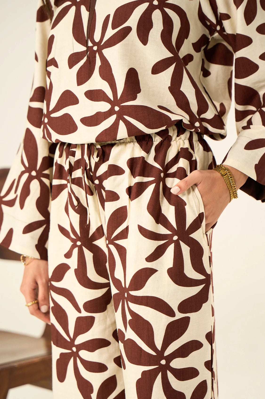 Flora Linen Co-Ord Set - Brown & Cream