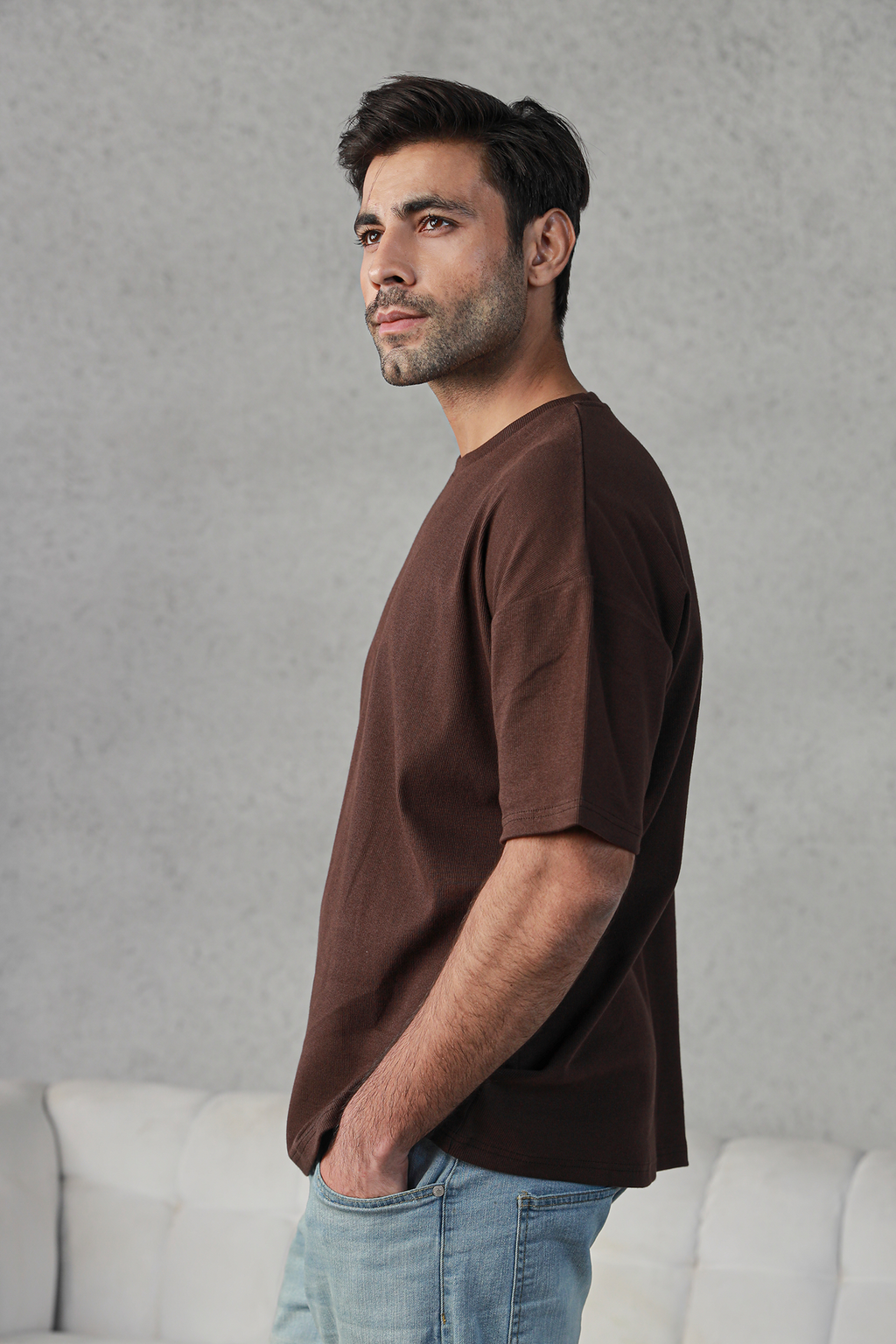 Men Textured Oversized Tee - Dark Brown