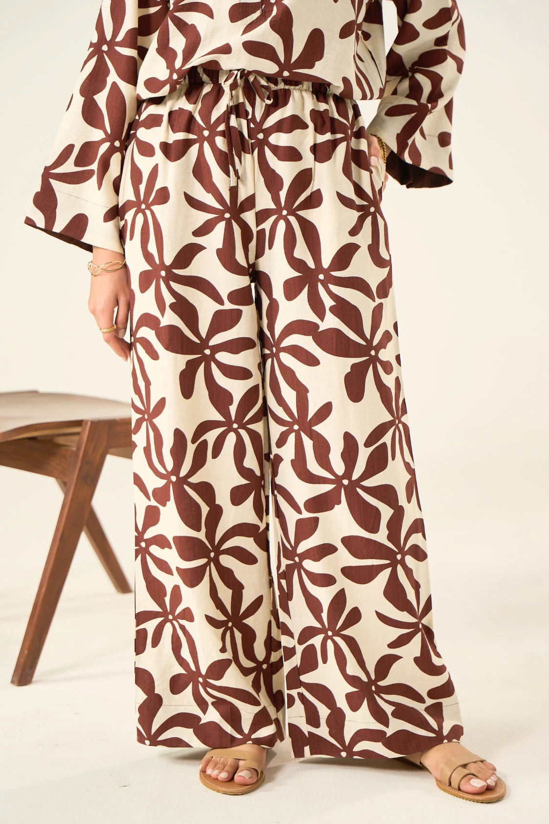 Flora Linen Co-Ord Set - Brown & Cream