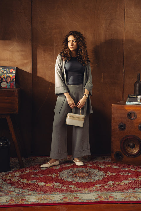 Textured Button Down Co-ord Set - Ice Grey