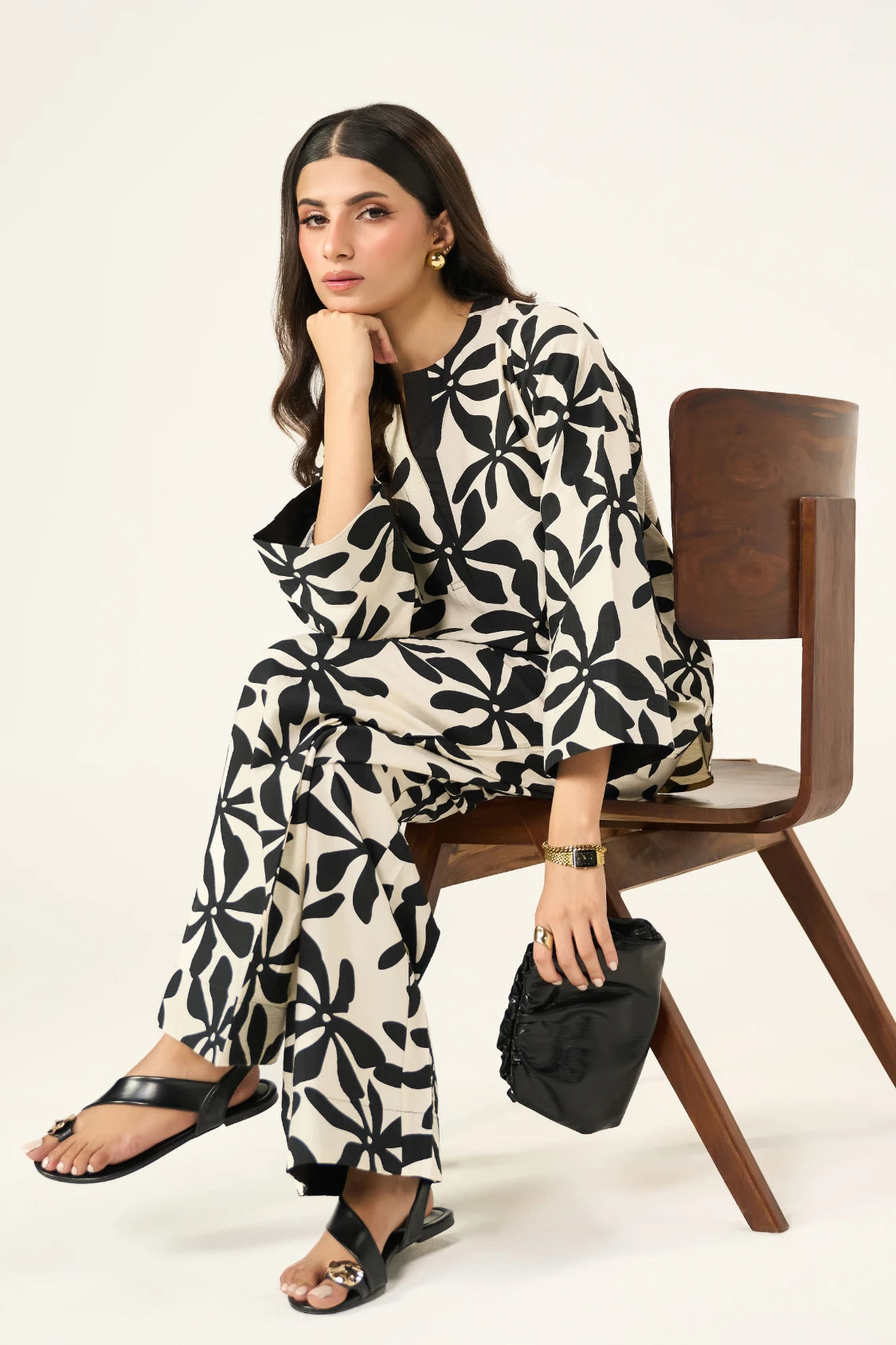 Flora Linen Co-Ord Set - Black & Cream