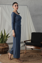Rib Wide Leg Pants - Indigo