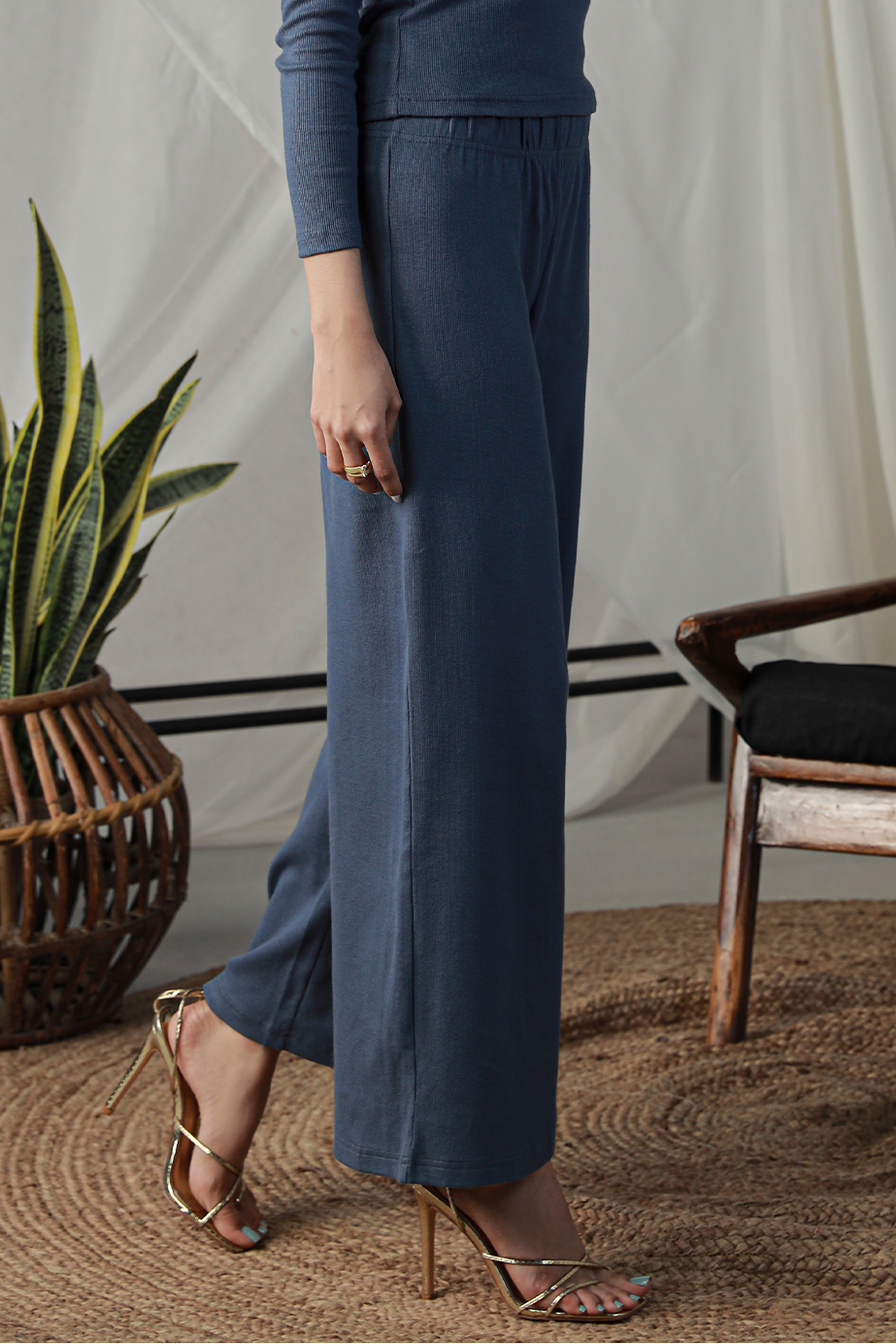 Rib Wide Leg Pants - Indigo Main image