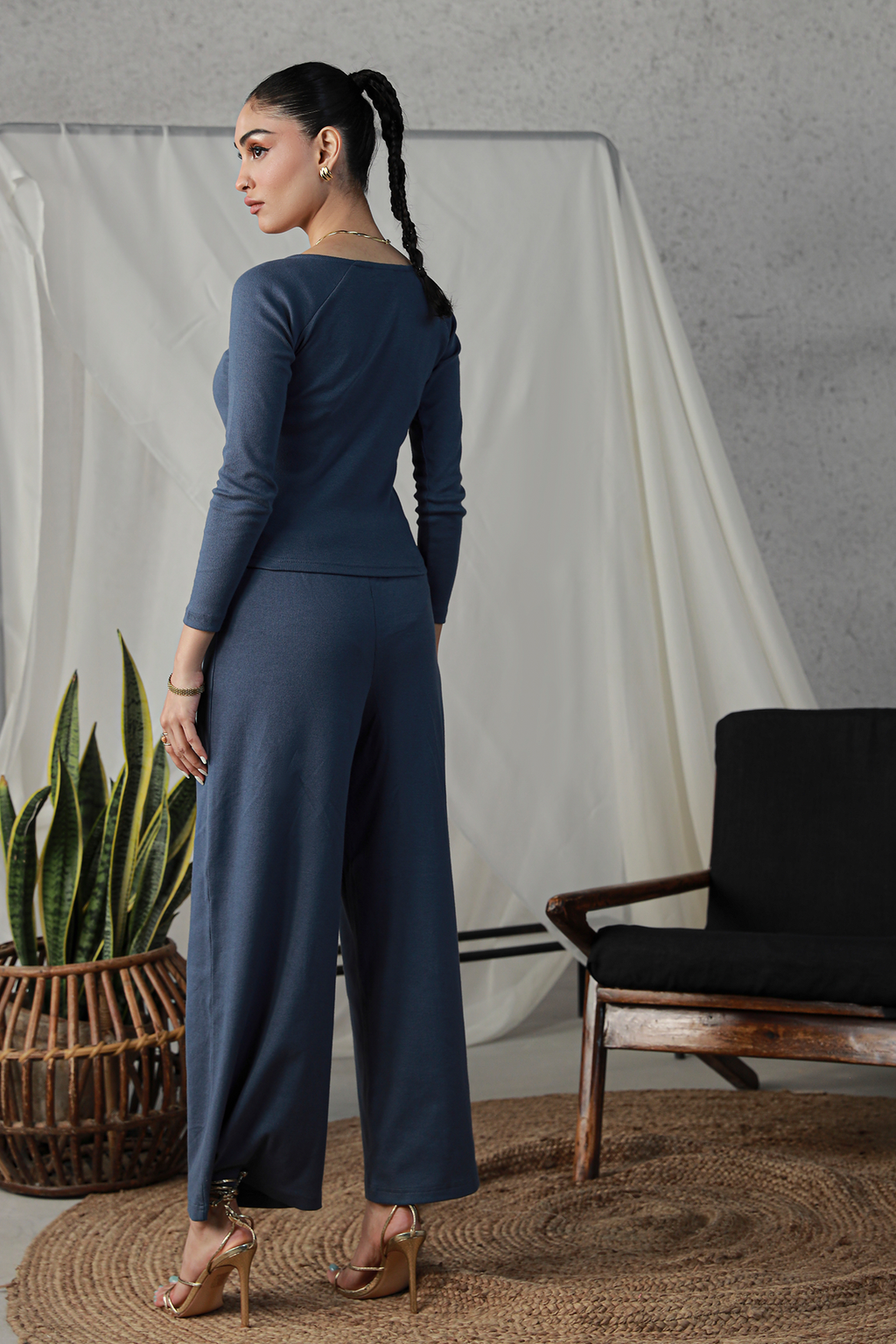 Rib Wide Leg Pants - Indigo