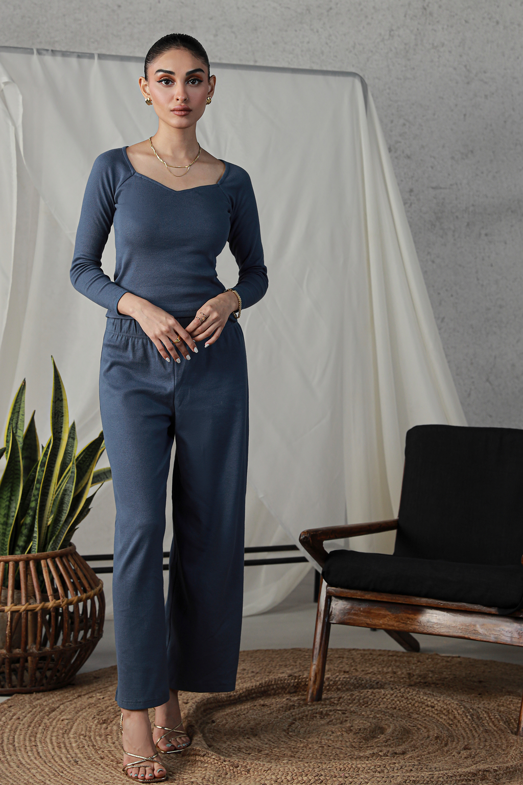 Rib Wide Leg Pants - Indigo
