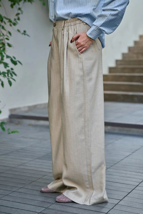 Wide Linen Pants - Beige
