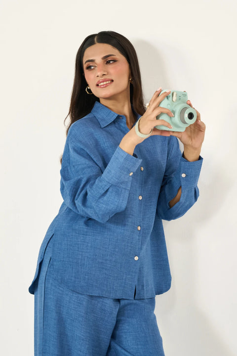 Button-down Co-Ord Set - Warm Blue