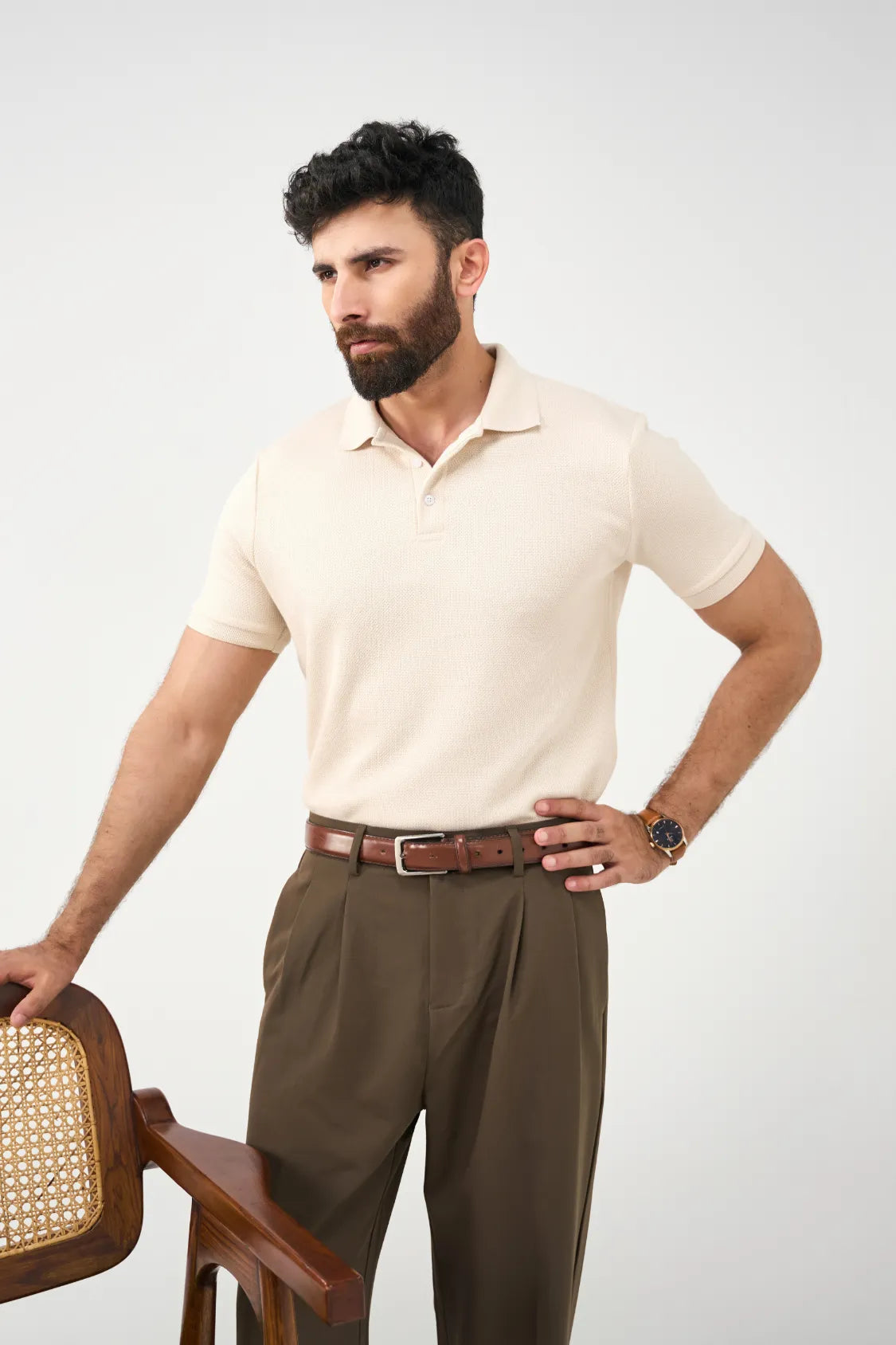 Diamond Texture Polo Shirt - Cream