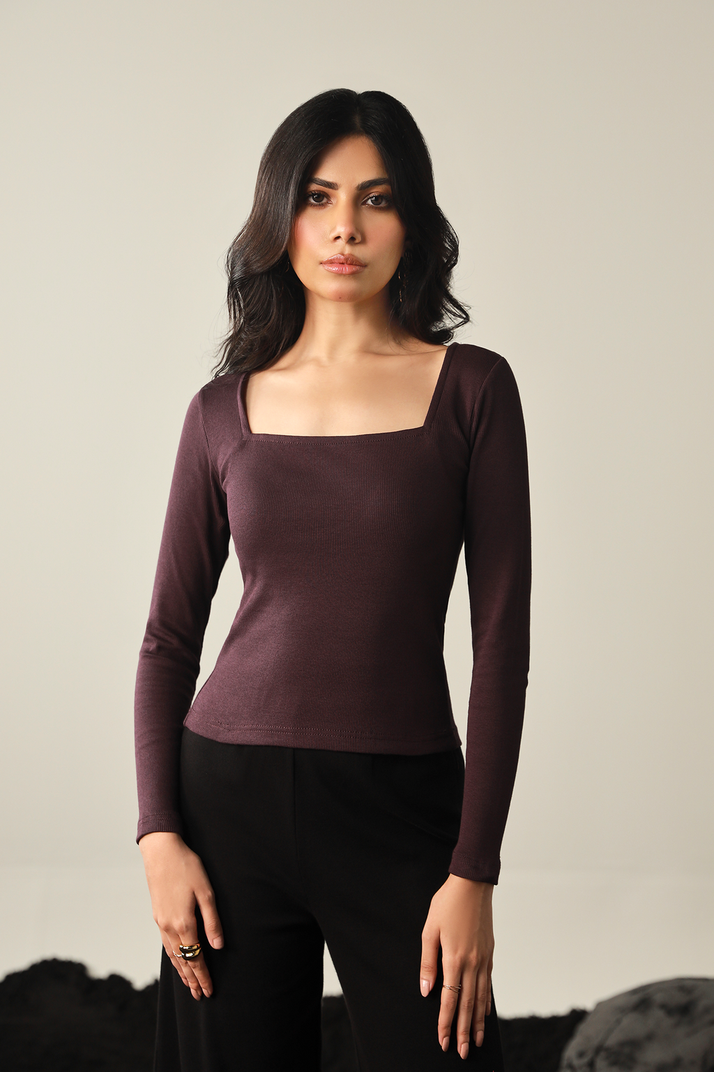 Square Neck Ribbed Top - Plum