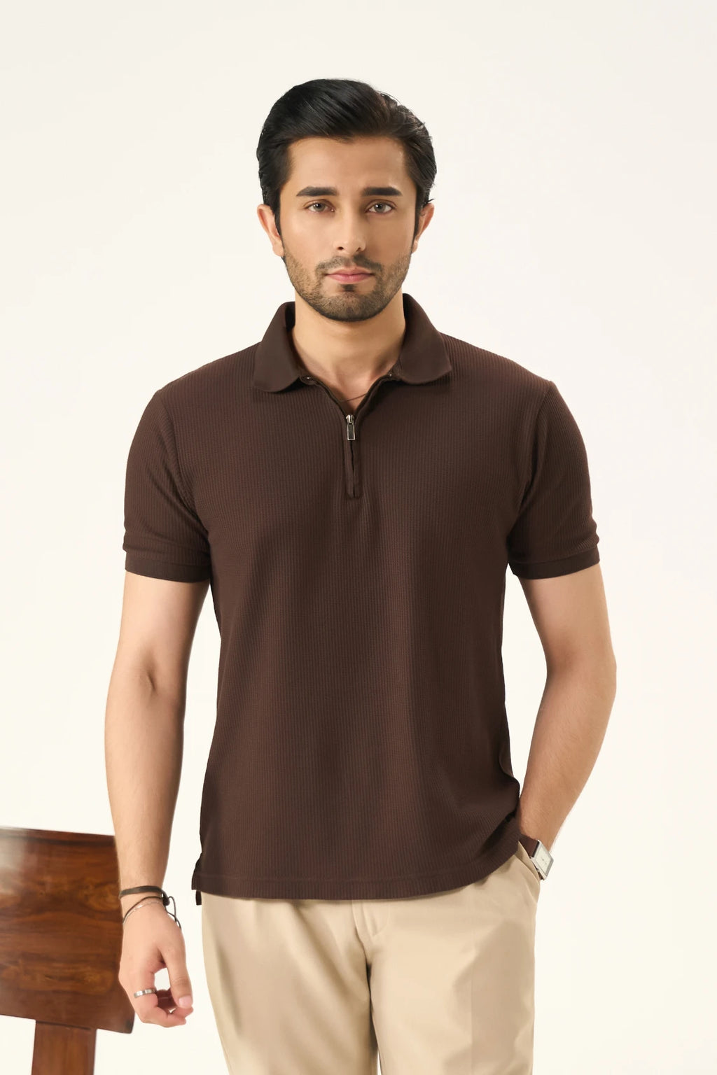 Waffle Zip Polo - Mocha Brown
