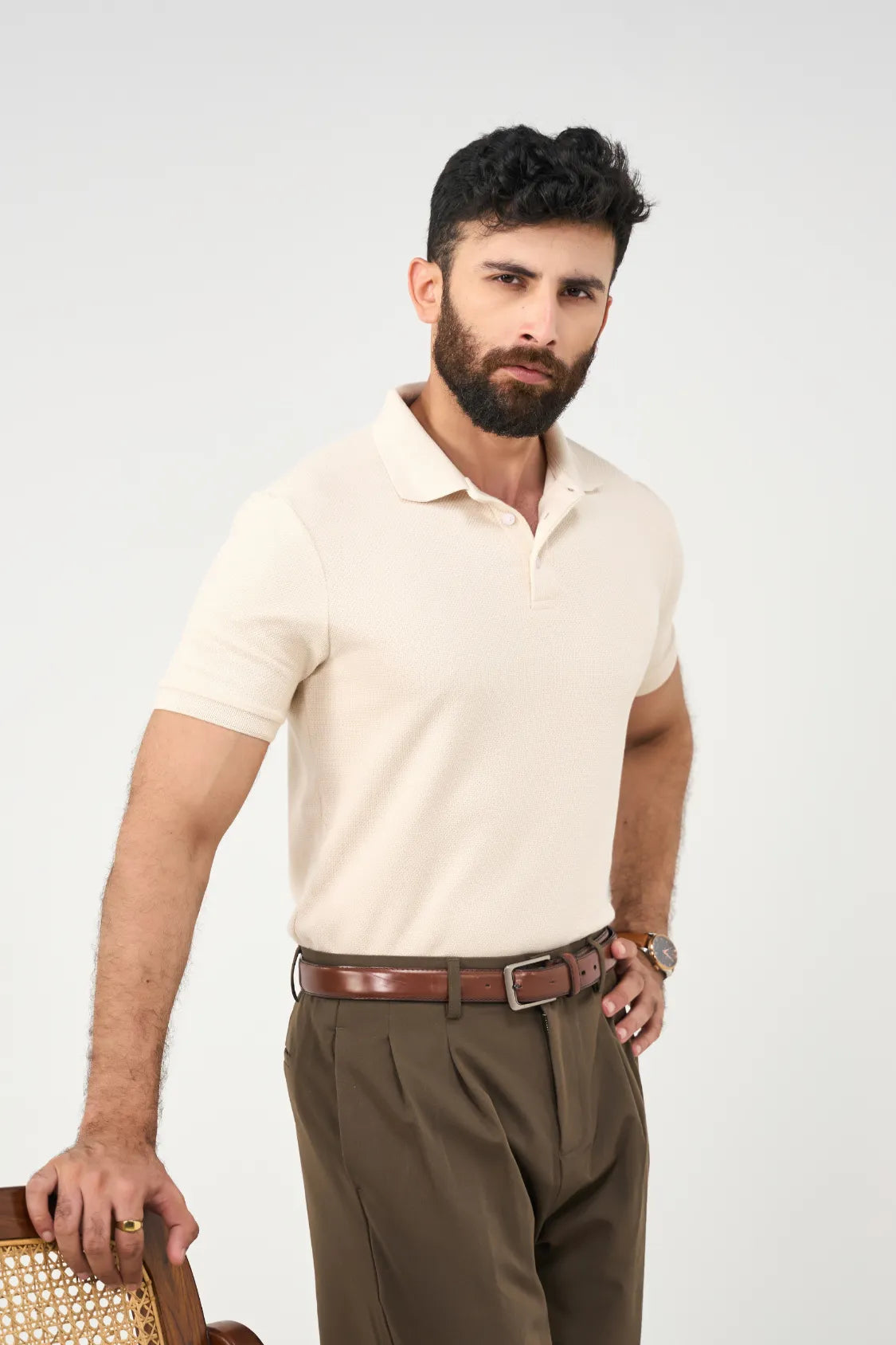 Diamond Texture Polo Shirt - Cream