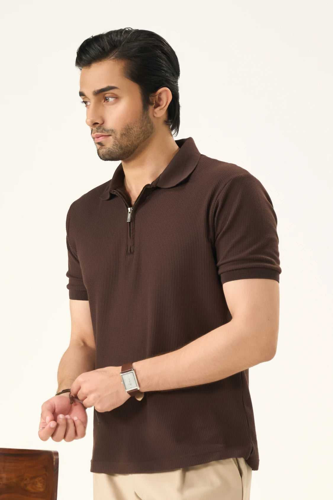 Waffle Zip Polo - Mocha Brown