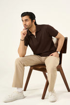 Waffle Zip Polo - Mocha Brown