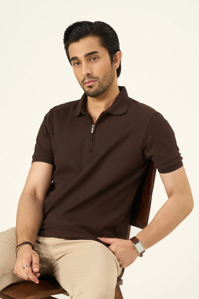 Waffle Zip Polo - Mocha Brown