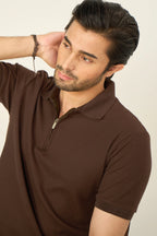 Waffle Zip Polo - Mocha Brown