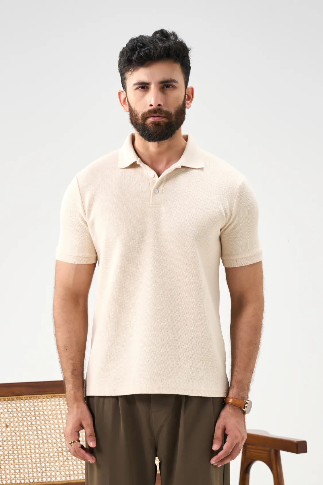 Diamond Texture Polo Shirt - Cream Secondary image