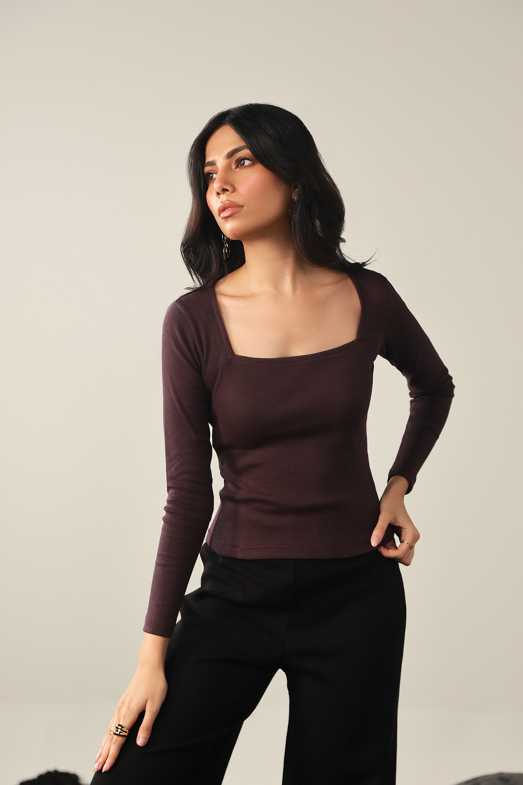 Square Neck Ribbed Top - Plum