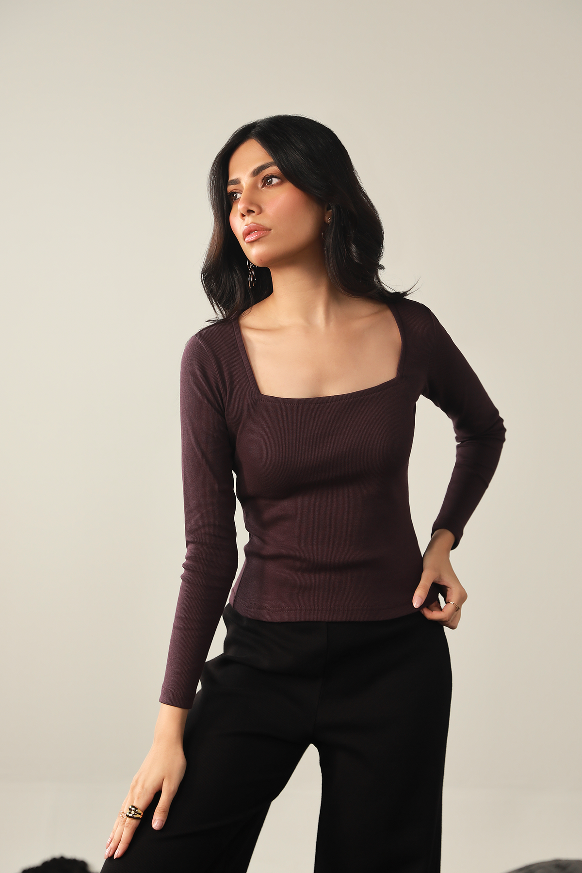 Square Neck Ribbed Top - Plum