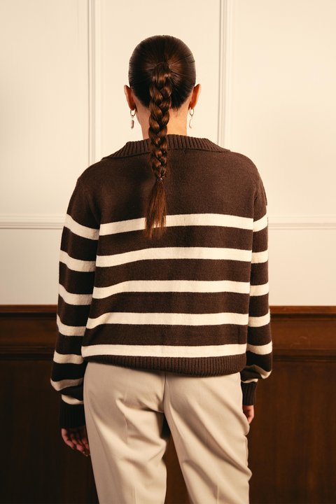 Autumn Glow Stripped Polo Sweater - Brown