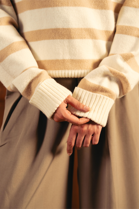 Autumn Glow Stripped Polo Sweater - Cream