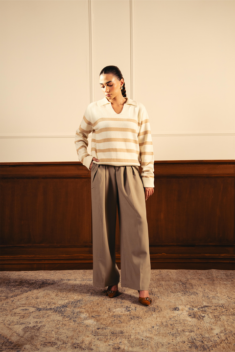 Autumn Glow Stripped Polo Sweater - Cream
