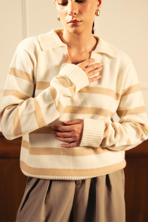 Autumn Glow Stripped Polo Sweater - Cream