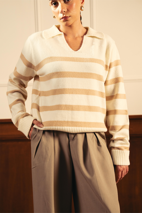 Autumn Glow Stripped Polo Sweater - Cream