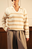 Autumn Glow Stripped Polo Sweater - Cream