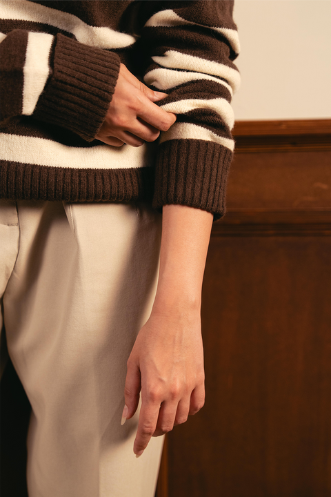 Autumn Glow Stripped Polo Sweater - Brown