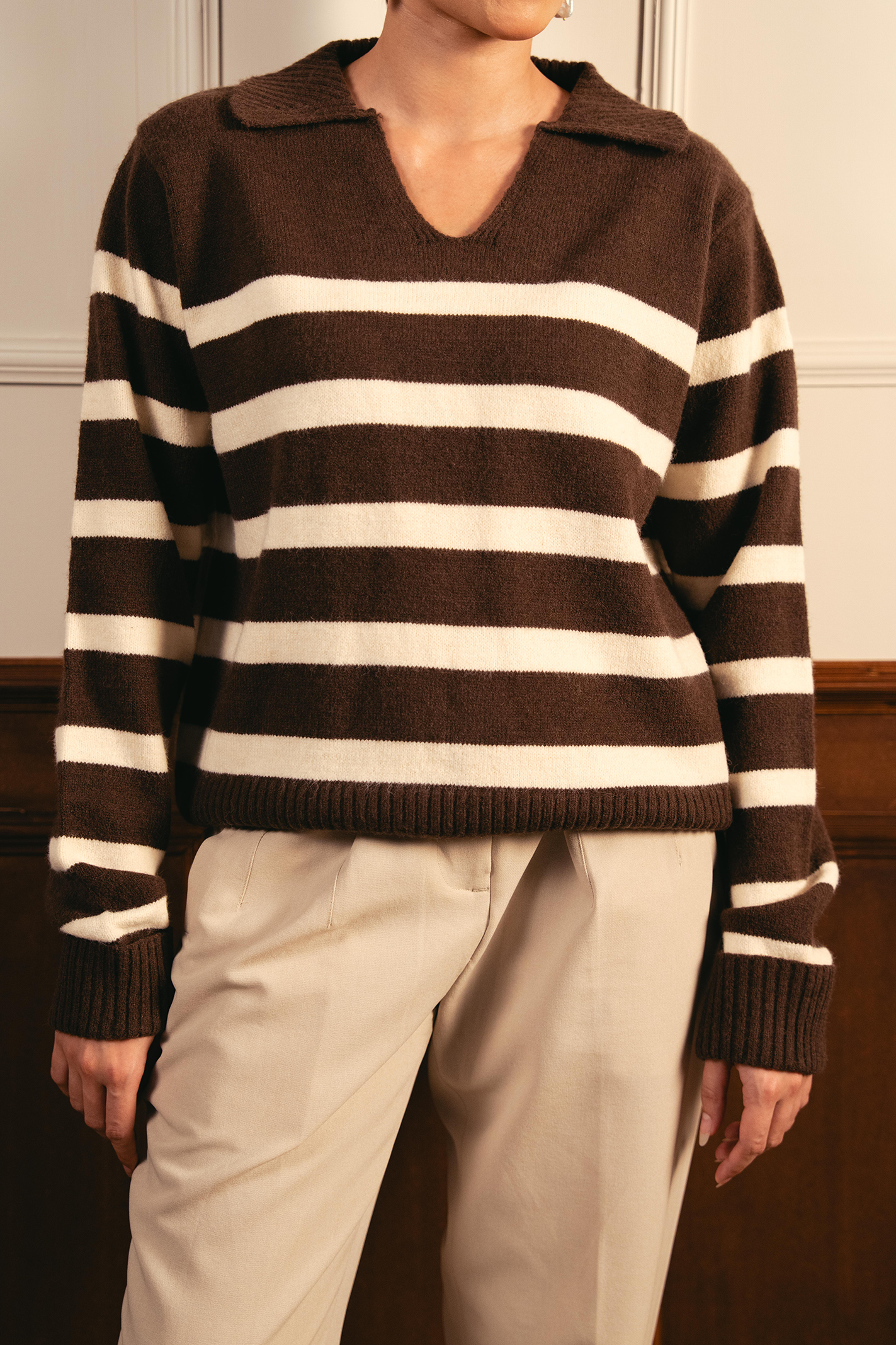 Autumn Glow Stripped Polo Sweater - Brown Secondary image