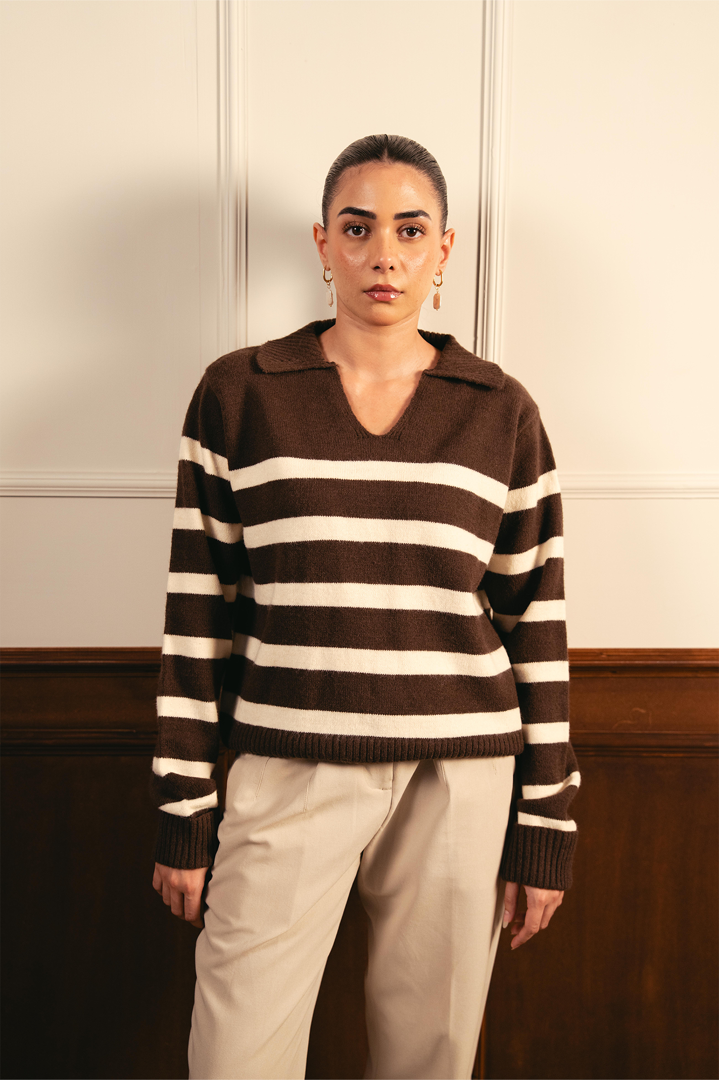 Autumn Glow Stripped Polo Sweater - Brown Main image