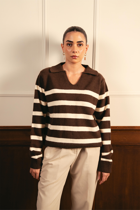 Autumn Glow Stripped Polo Sweater - Brown
