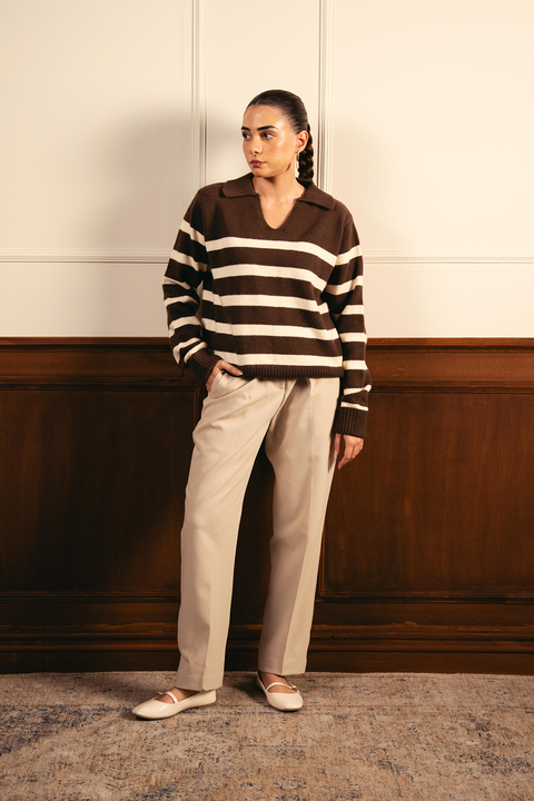 Autumn Glow Stripped Polo Sweater - Brown
