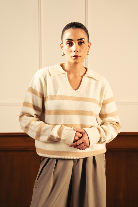 Autumn Glow Stripped Polo Sweater - Cream