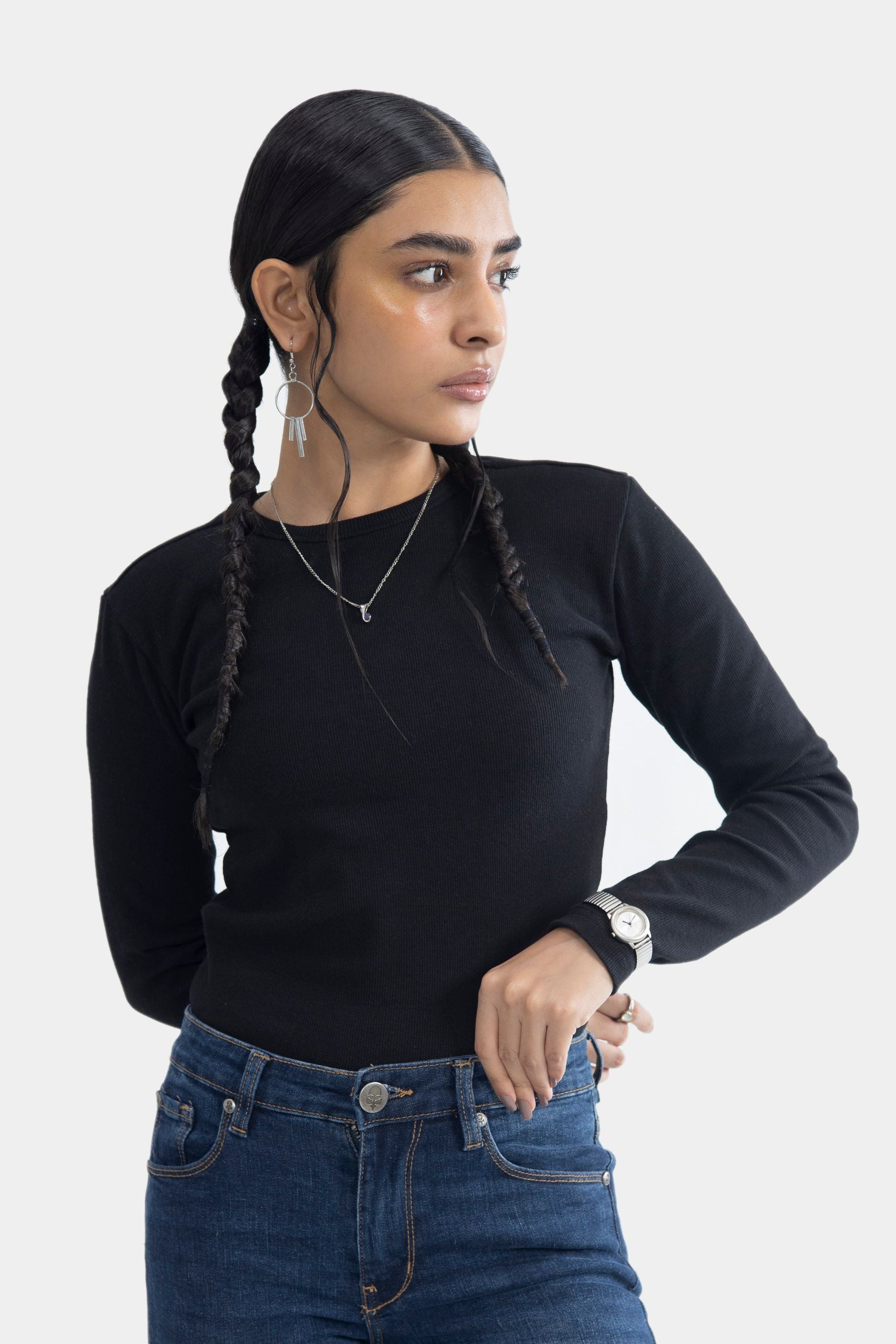 Round Neck Ribbed Top - Black
