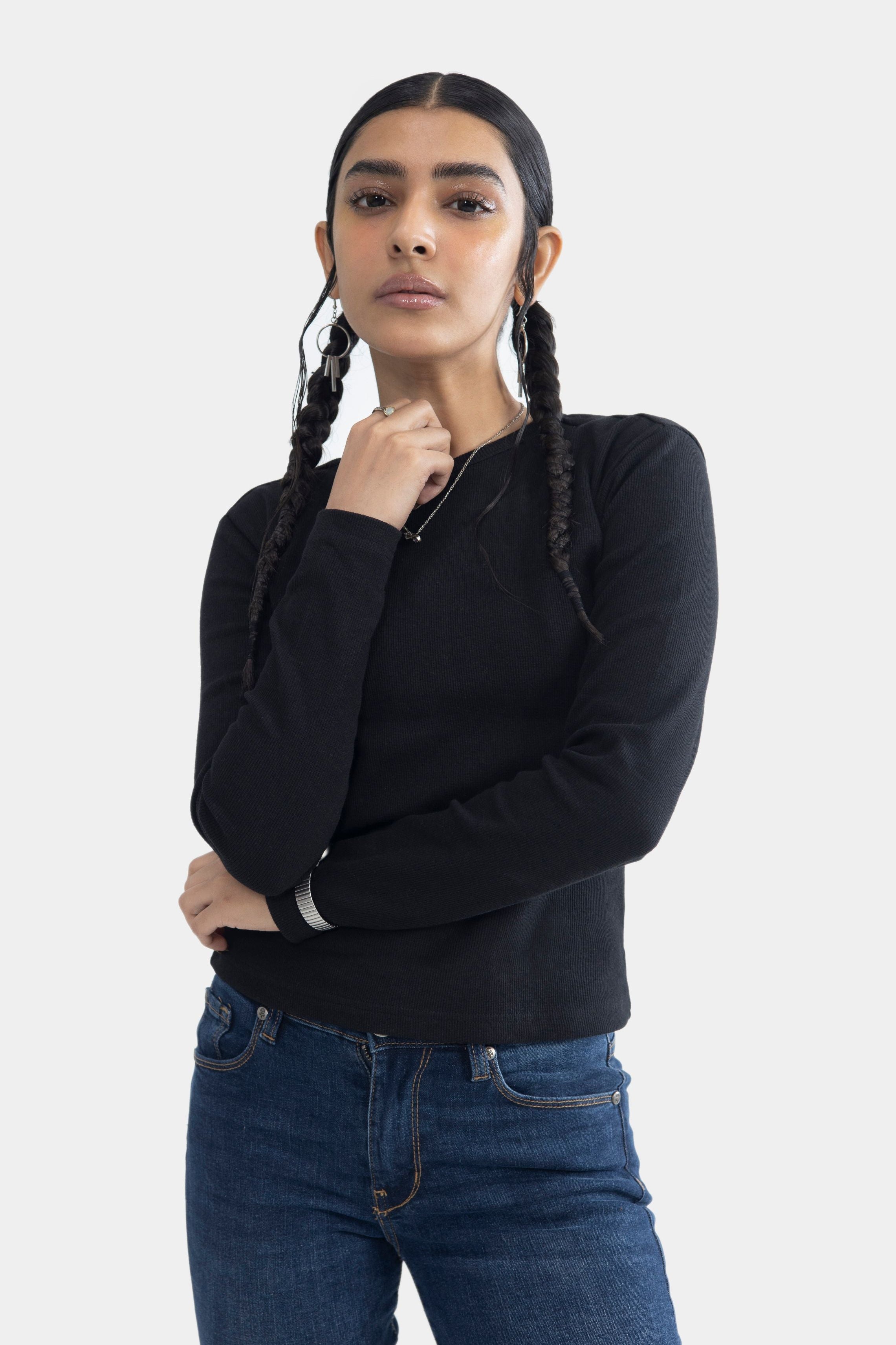 Round Neck Ribbed Top - Black Main image